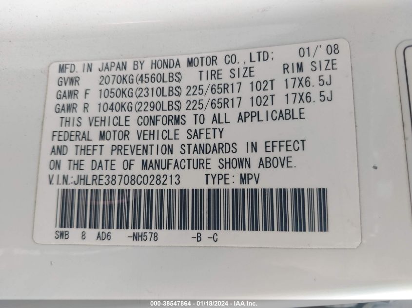 2008 Honda Cr-V Ex-L VIN: JHLRE38708C028213 Lot: 38547864