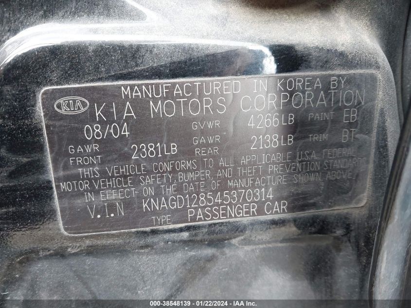 KNAGD128545370314 2004 Kia Optima Ex V6/Lx V6