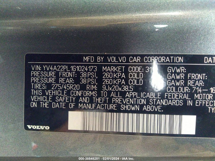 VIN YV4A22PL1G1024173 2016 Volvo XC90, T6 Inscription no.9