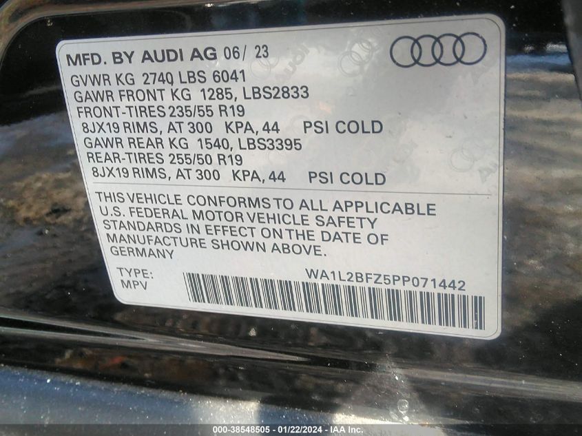 2023 Audi Q4 E-Tron Premium Plus 50 Quattro VIN: WA1L2BFZ5PP071442 Lot: 38548505