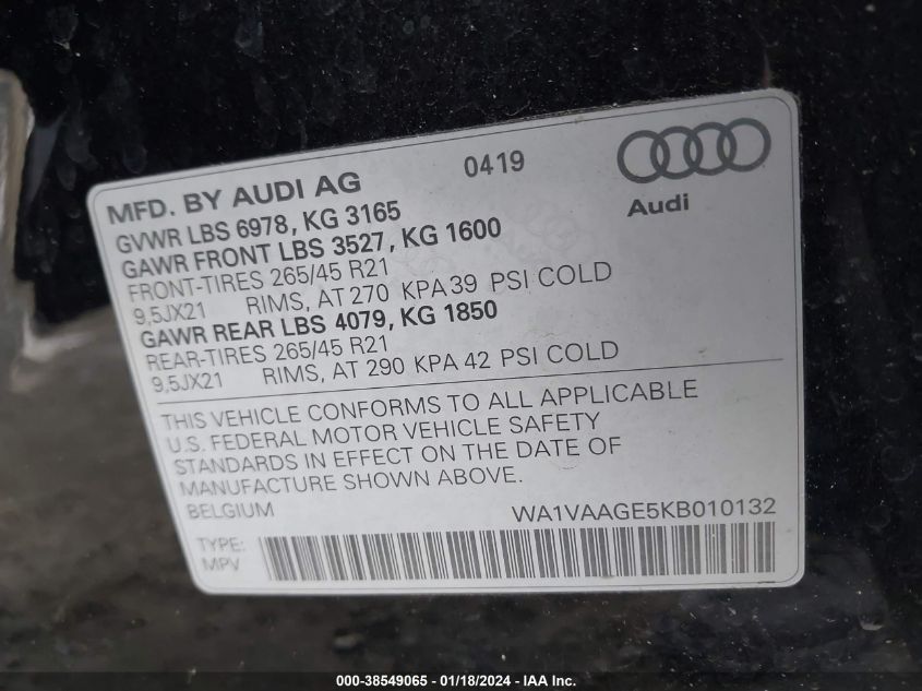 WA1VAAGE5KB010132 2019 Audi E-Tron Premium Plus