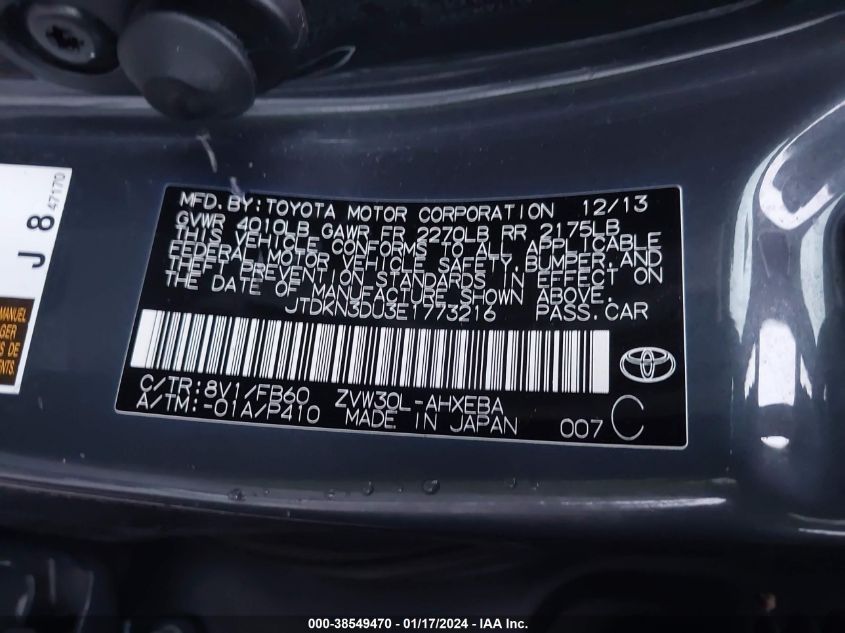 2014 Toyota Prius Three VIN: JTDKN3DU3E1773216 Lot: 38549470