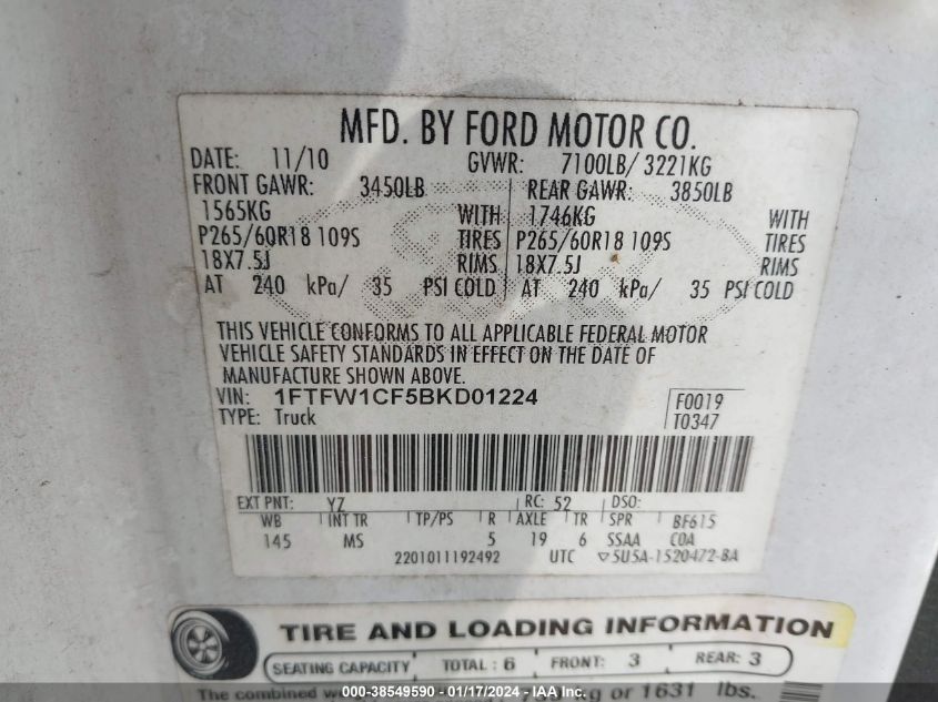 1FTFW1CF5BKD01224 2011 Ford F-150 Xlt