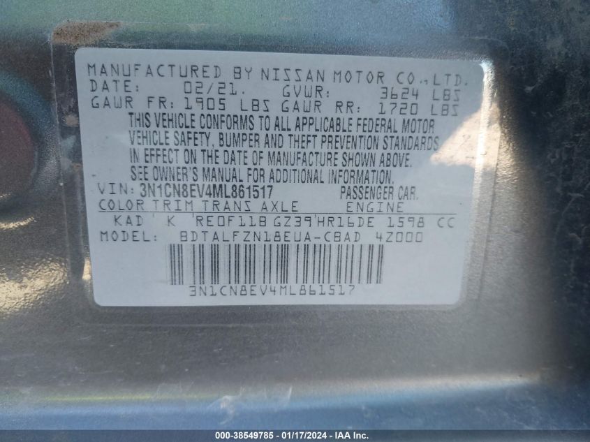 2021 Nissan Versa Sv Xtronic Cvt VIN: 3N1CN8EV4ML861517 Lot: 38549785