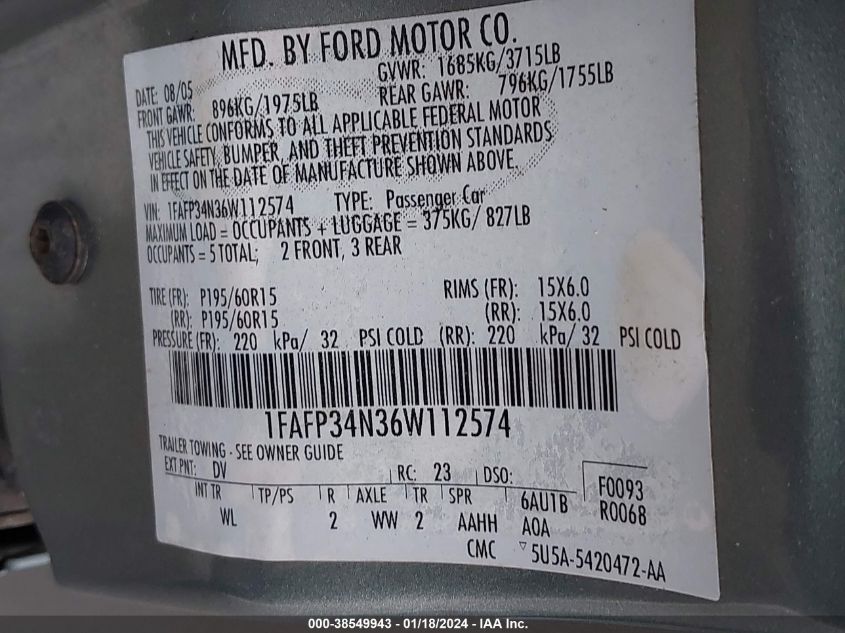 1FAFP34N36W112574 2006 Ford Focus Zx4