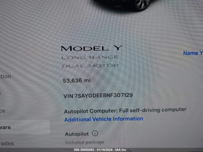 2022 Tesla Model Y Long Range Dual Motor All-Wheel Drive VIN: 7SAYGDEE8NF307129 Lot: 38550052