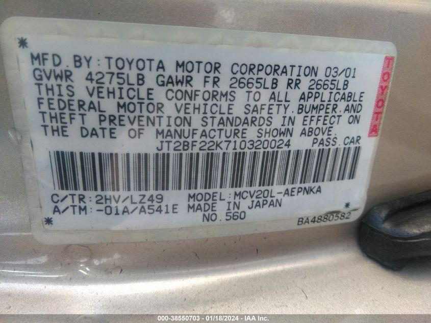 JT2BF22K710320024 2001 Toyota Camry Le