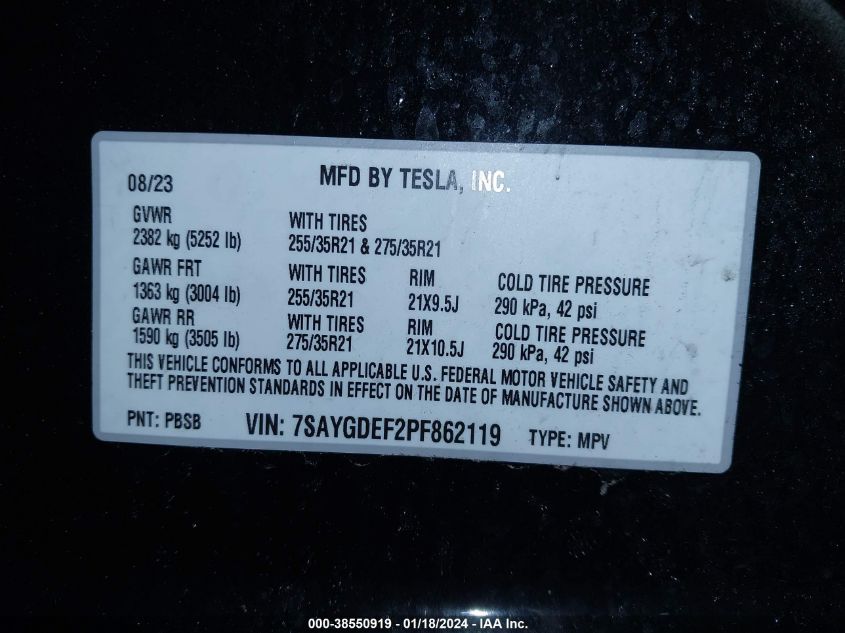 2023 Tesla Model Y Awd/Performance Dual Motor All-Wheel Drive VIN: 7SAYGDEF2PF862119 Lot: 38550919