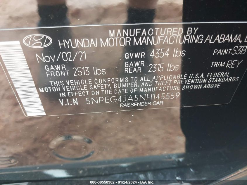 2022 Hyundai Sonata Se VIN: 5NPEG4JA5NH145559 Lot: 38550962