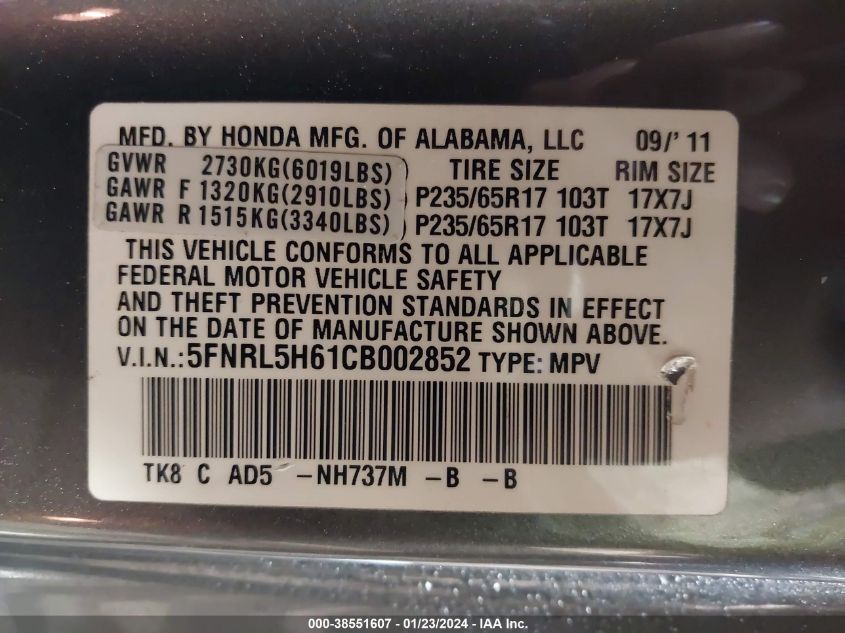 2012 Honda Odyssey Ex-L VIN: 5FNRL5H61CB002852 Lot: 38551607