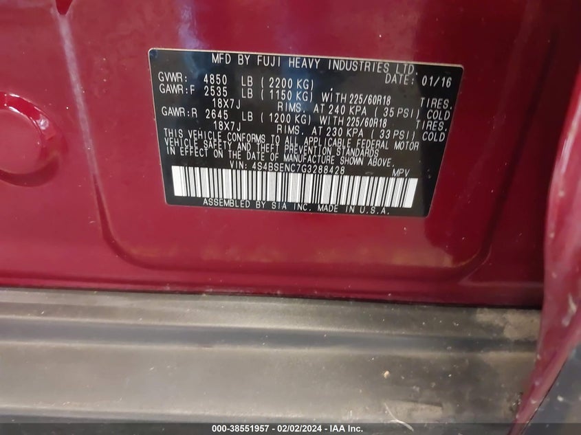 2016 SUBARU OUTBACK 3.6R LIMITED - 4S4BSENC7G3288428