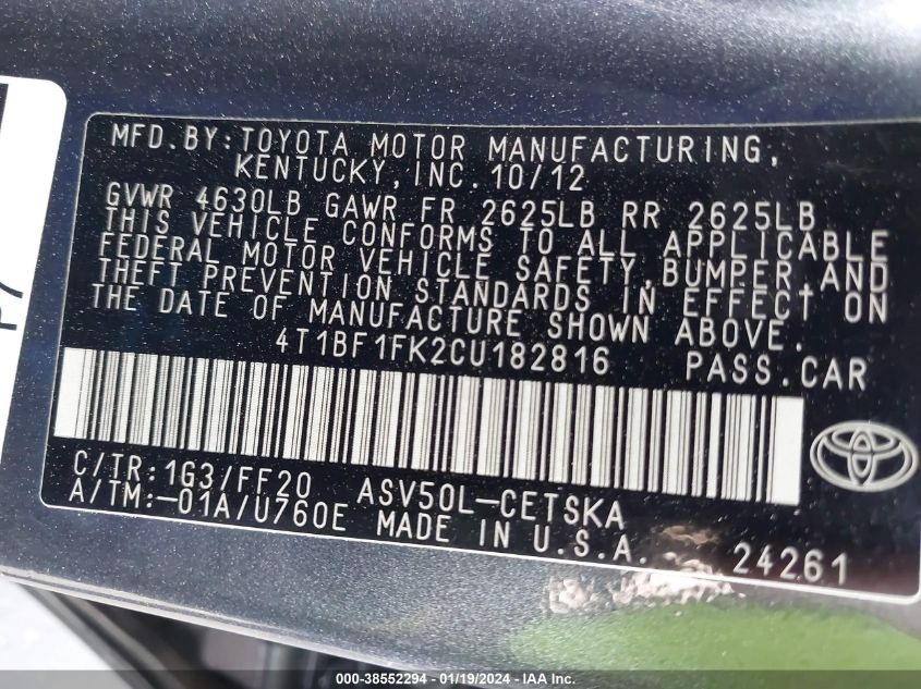 4T1BF1FK2CU182816 2012 Toyota Camry Se