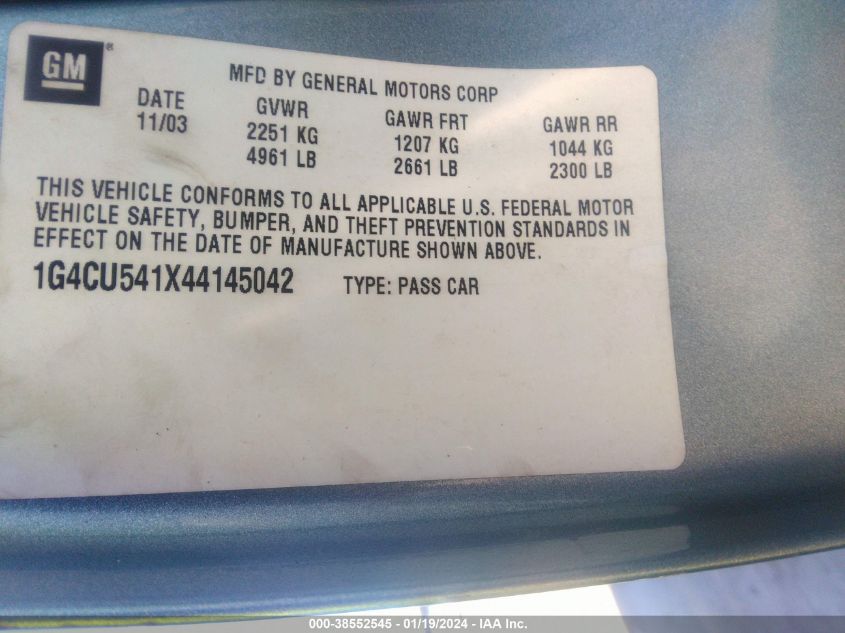 2004 Buick Park Avenue Ultra VIN: 1G4CU541X44145042 Lot: 38552545