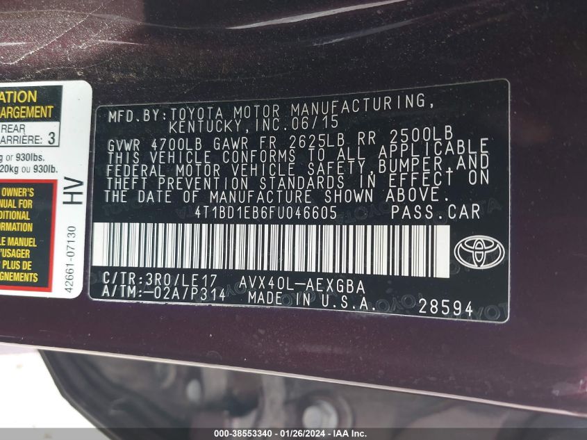 4T1BD1EB6FU046605 2015 Toyota Avalon Hybrid Xle Touring