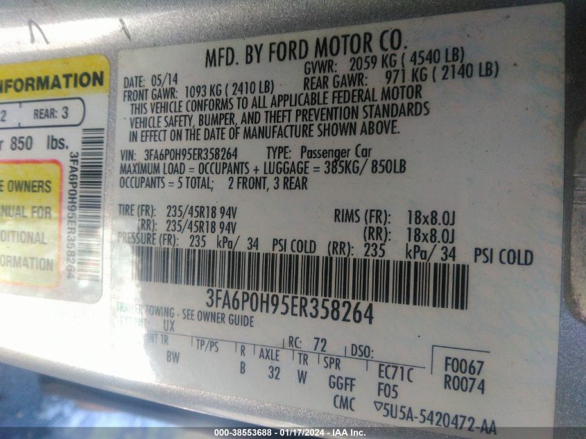 3FA6P0H95ER358264 2014 Ford Fusion Se