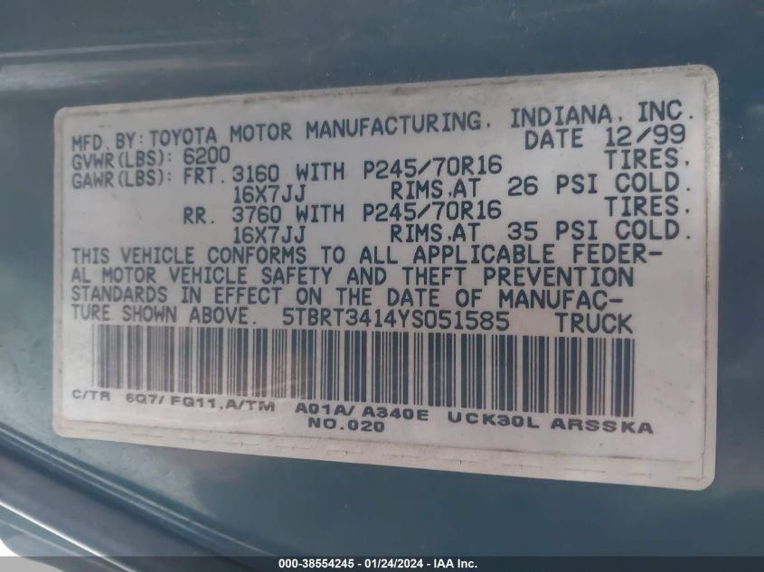 2000 Toyota Tundra Sr5 V8 VIN: 5TBRT3414YS051585 Lot: 38554245