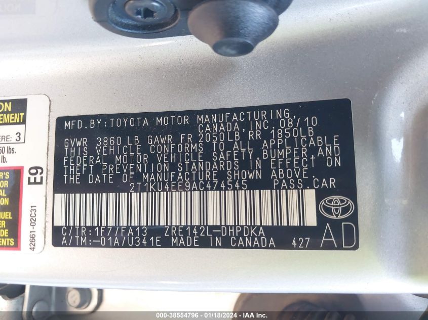 2010 Toyota Matrix VIN: 2T1KU4EE9AC474545 Lot: 38554796