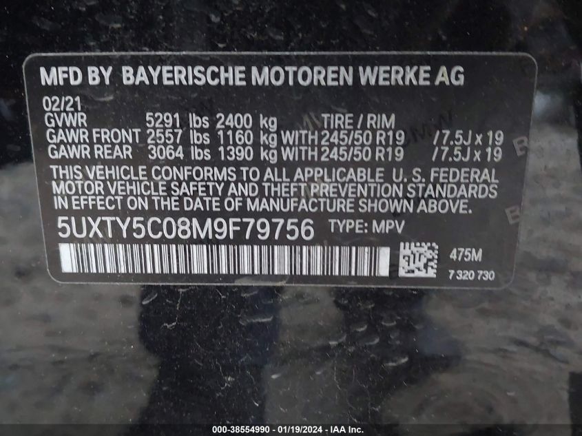 2021 BMW X3 xDrive30I VIN: 5UXTY5C08M9F79756 Lot: 38554990