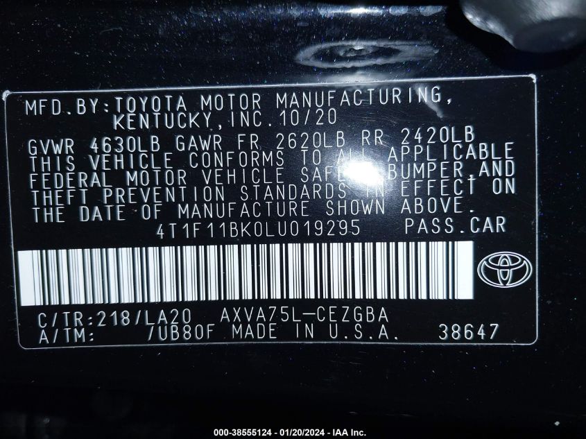 4T1F11BK0LU019295 2020 Toyota Camry Xle Awd