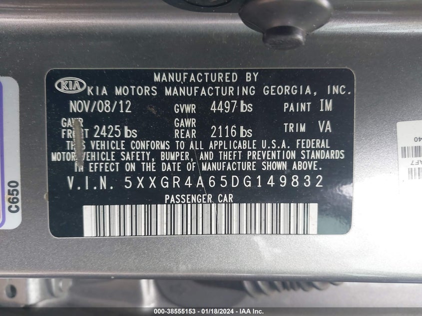 2013 Kia Optima Sx VIN: 5XXGR4A65DG149832 Lot: 38555153