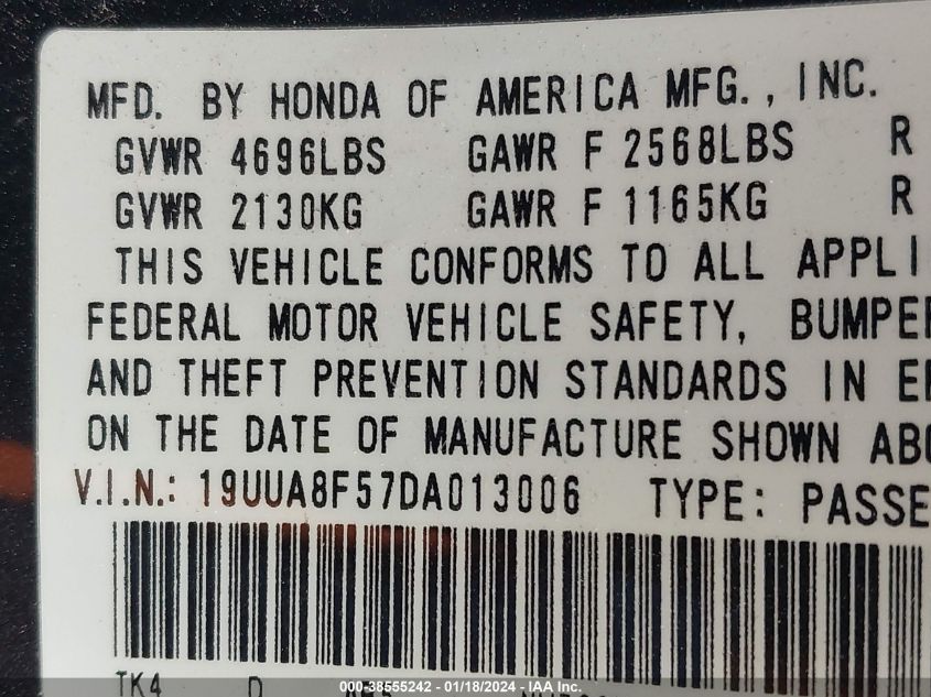 2013 Acura Tl 3.5 VIN: 19UUA8F57DA013006 Lot: 38555242