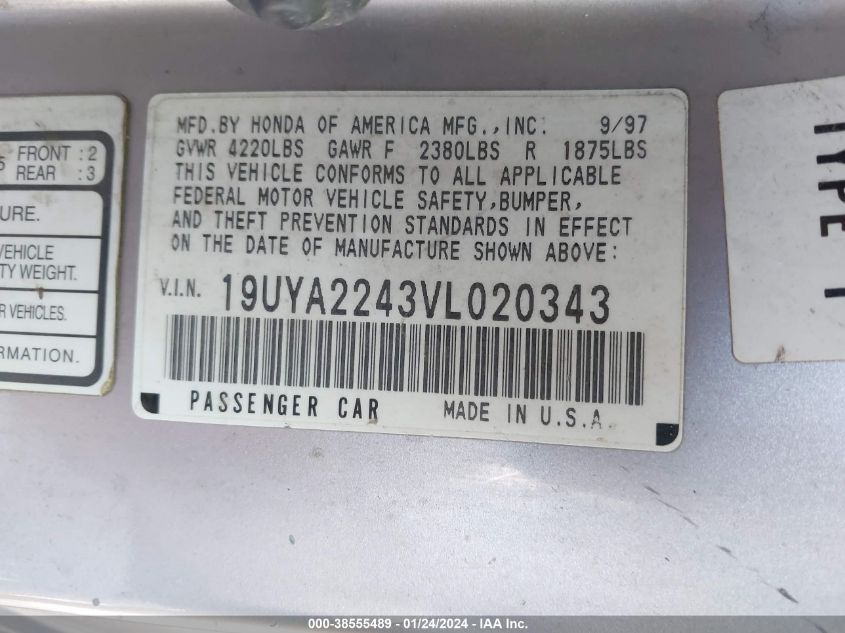 1997 Acura Cl 3.0 (A4) VIN: 19UYA2243VL020343 Lot: 38555489