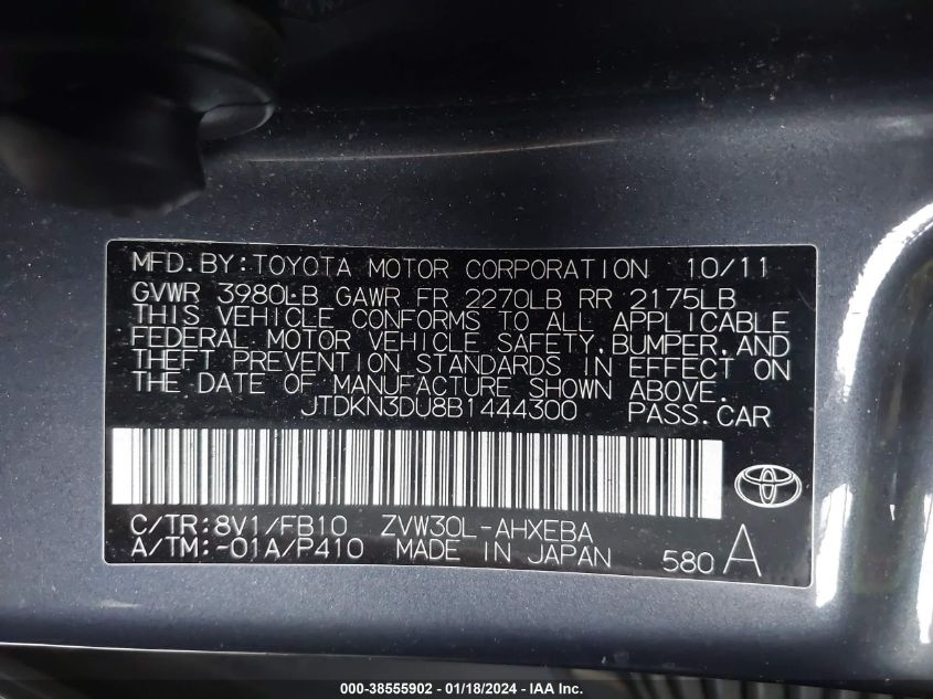 2011 Toyota Prius Two VIN: JTDKN3DU8B1444300 Lot: 38555902