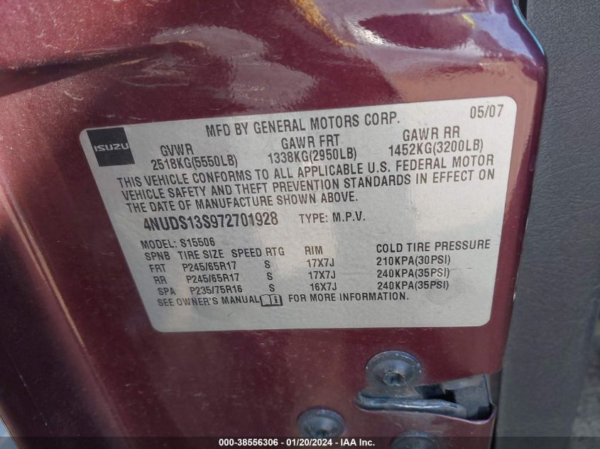 2007 Isuzu Ascender S VIN: 4NUDS13S972701928 Lot: 38556306