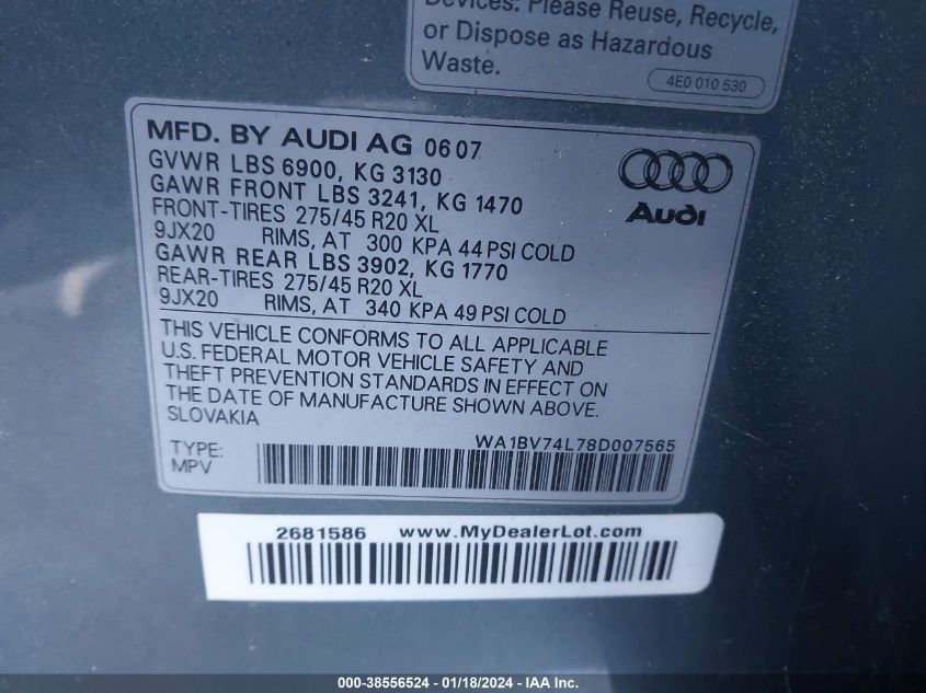 WA1BV74L78D007565 2008 Audi Q7 4.2 Premium