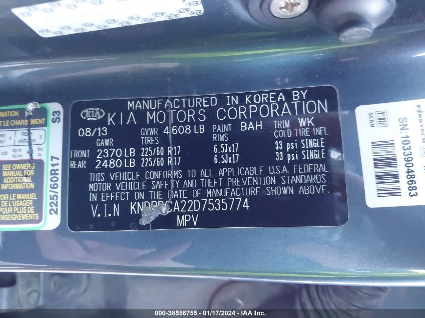 2013 Kia Sportage Lx VIN: KNDPBCA22D7535774 Lot: 38556755