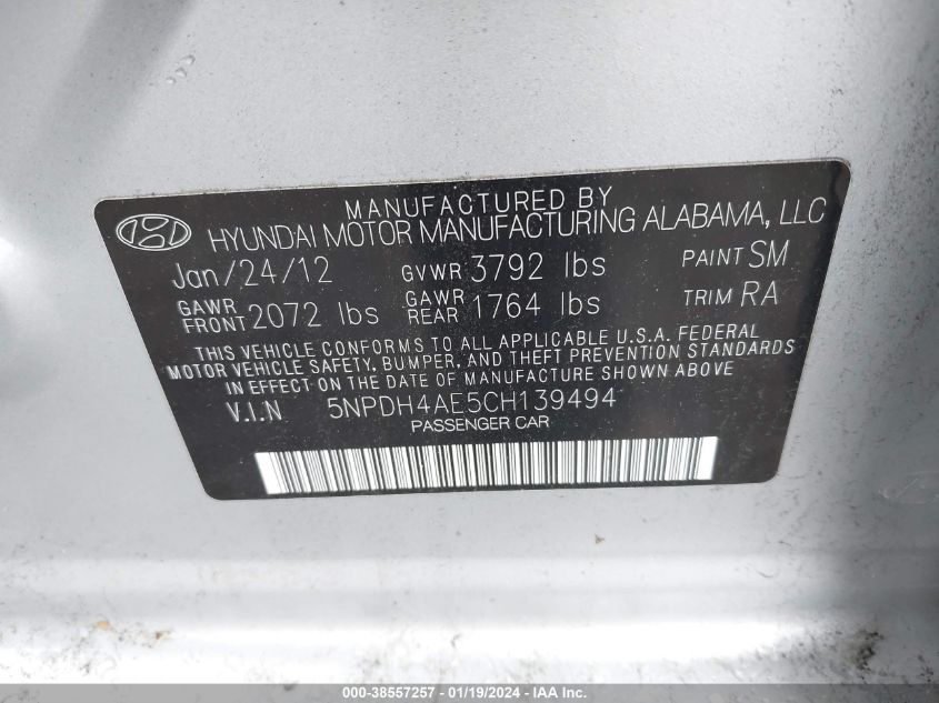 2012 Hyundai Elantra Gls VIN: 5NPDH4AE5CH139494 Lot: 38557257