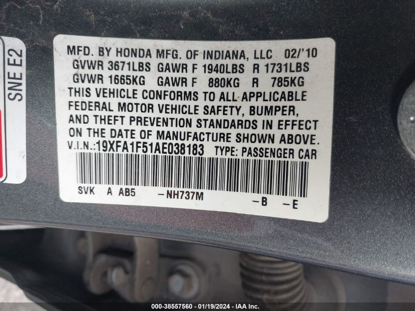 19XFA1F51AE038183 2010 Honda Civic Lx