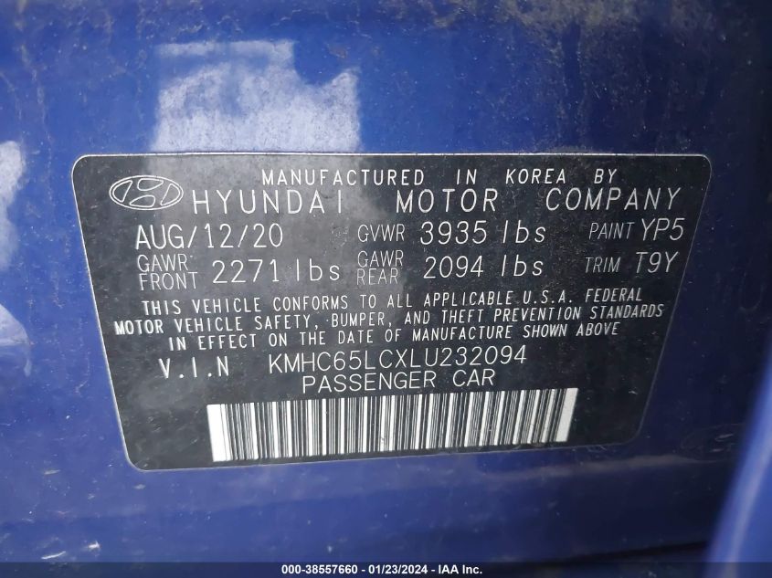 2020 Hyundai Ioniq Hybrid Blue VIN: KMHC65LCXLU232094 Lot: 38557660