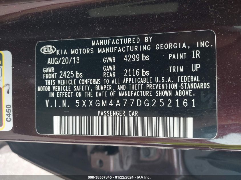 2013 Kia Optima Lx VIN: 5XXGM4A77DG252161 Lot: 38557845