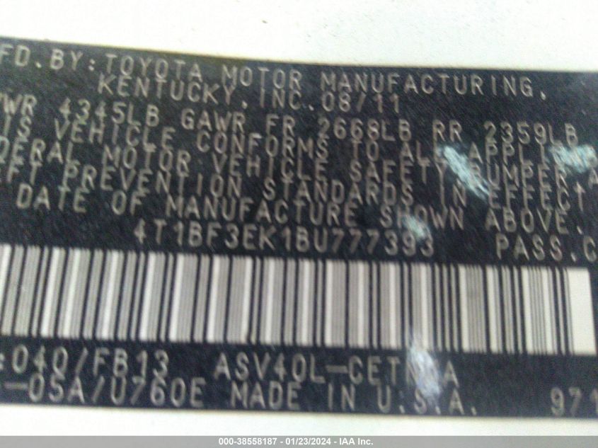 4T1BF3EK1BU777393 2011 Toyota Camry Le