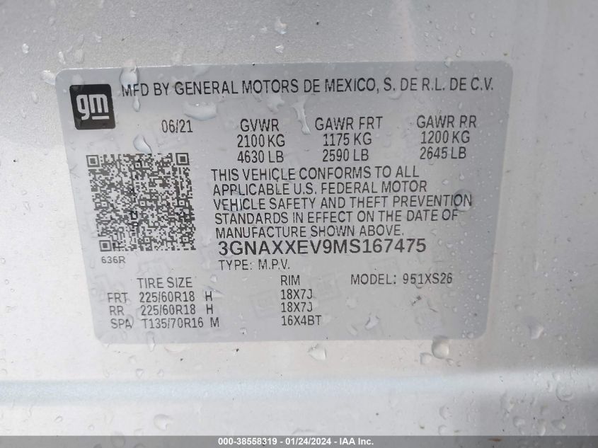 3GNAXXEV9MS167475 2021 Chevrolet Equinox Awd Premier