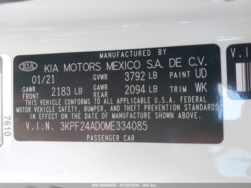 2021 Kia Forte Lxs VIN: 3KPF24AD0ME334085 Lot: 38558452