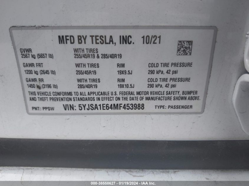 2021 Tesla Model S Plaid Tri Motor All-Wheel Drive VIN: 5YJSA1E64MF453988 Lot: 38558627