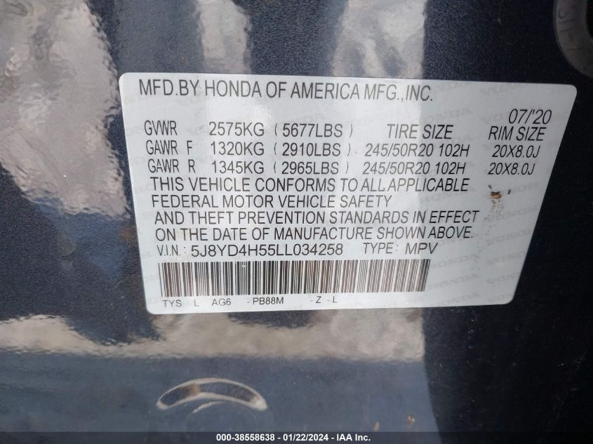 5J8YD4H55LL034258 2020 Acura Mdx Technology Package