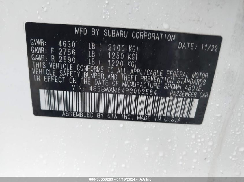 2023 Subaru Legacy Limited VIN: 4S3BWAM64P3003584 Lot: 38559289