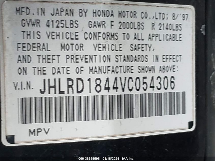 JHLRD1844VC054306 1997 Honda Cr-V Base (A4)