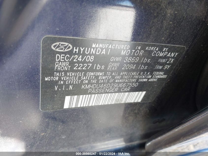 KMHDU46D29U667550 2009 Hyundai Elantra Gls