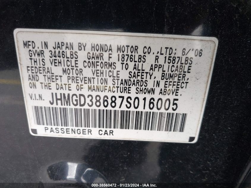 JHMGD38687S016005 2007 Honda Fit Sport