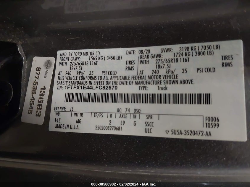 VIN 1FTFX1E44LFC82670 2020 FORD F-150 XLT