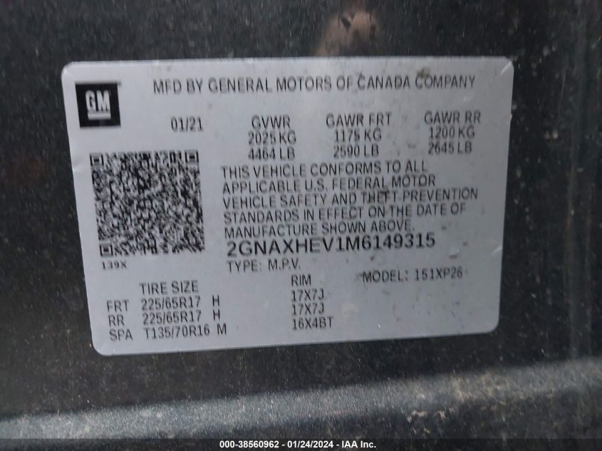 2021 Chevrolet Equinox Fwd Ls VIN: 2GNAXHEV1M6149315 Lot: 38560962