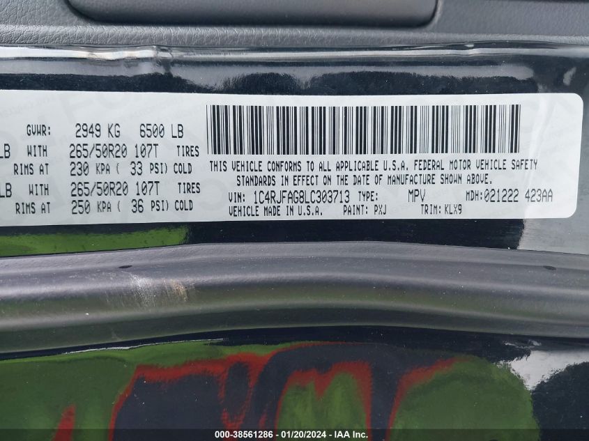 2020 Jeep Grand Cherokee Altitude 4X4 VIN: 1C4RJFAG8LC303713 Lot: 38561286