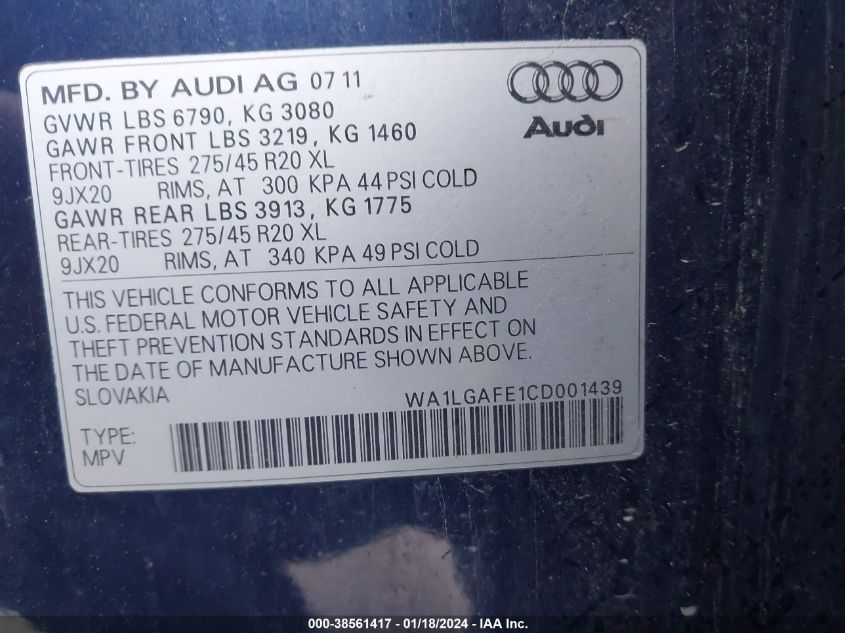 WA1LGAFE1CD001439 2012 Audi Q7 3.0T Premium