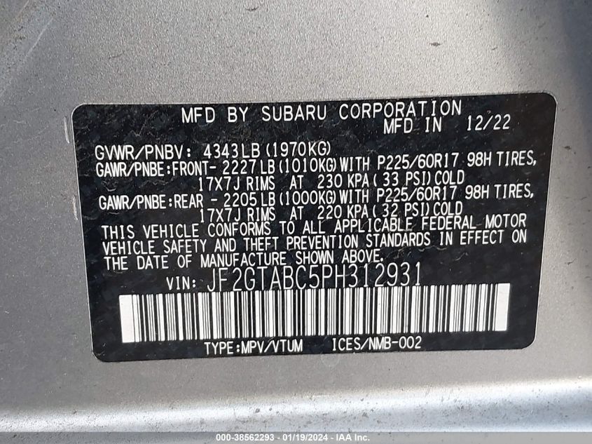 JF2GTABC5PH312931 2023 Subaru Crosstrek