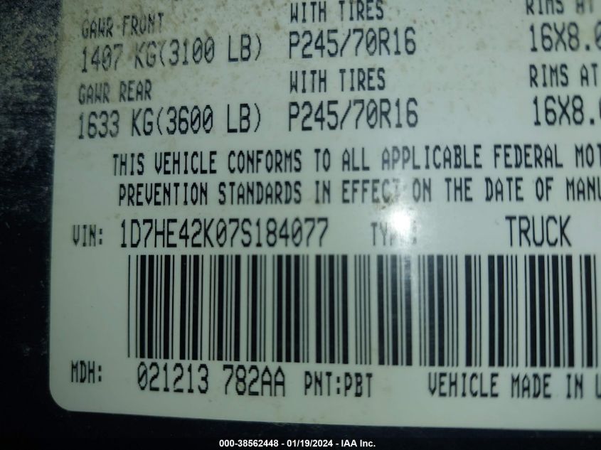 1D7HE42K07S184077 2007 Dodge Dakota Slt
