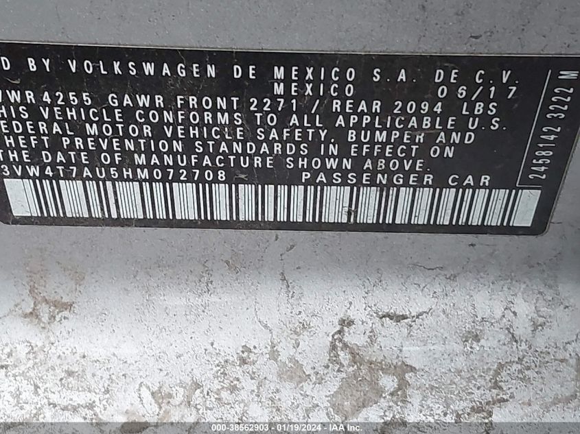 2017 Volkswagen Golf Gti Autobahn 4-Door/S 4-Door/Se 4-Door/Sport 4-Door VIN: 3VW4T7AU5HM072708 Lot: 38562903